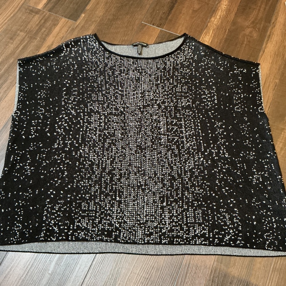 Eileen Fisher Speckled Knit Tencel Boxy Top Black White S/M Oversized Minimalist